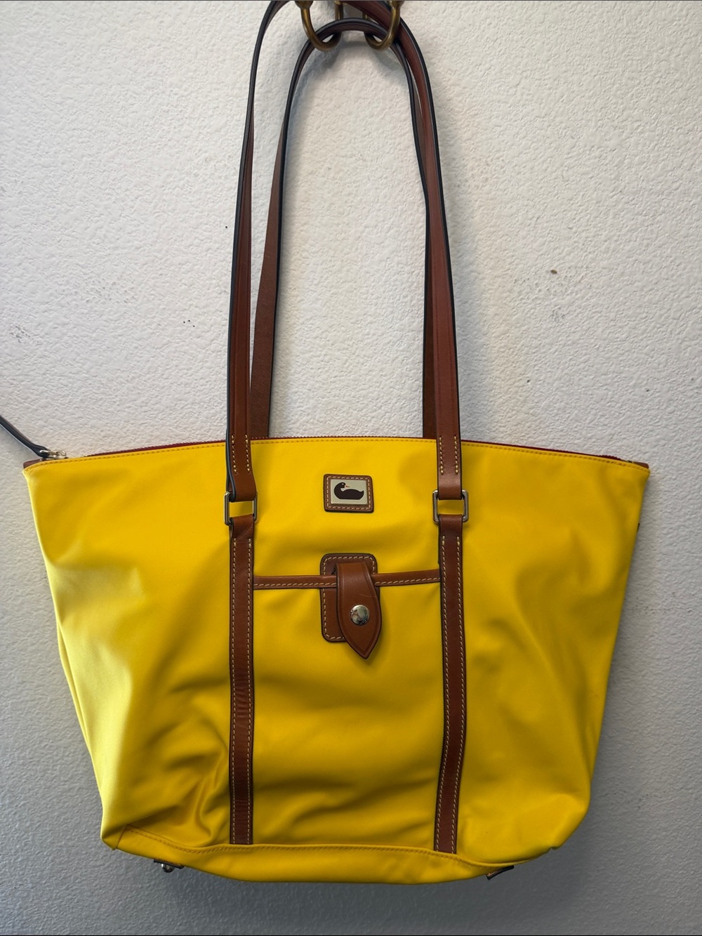 Dooney & Bourke Yellow Tote with Brown Leather Trim and Front Pocket